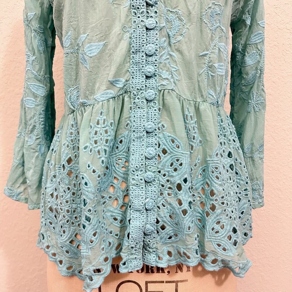 JOHNNY WAS Ingrid Reveka Blouse Top Marine Blue Floral Eyelet Peplum - Picture 5 of 11